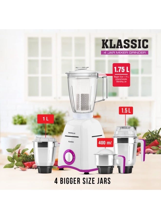 هافلز Havells Klassic 750 watts 4 Jar Mixer Grinder with 304 SS Blades, Large Size SS Jars, Break Resistant Polycarbonate Transparent Jar Lids With Twist & Lock Mechanism - Image 4